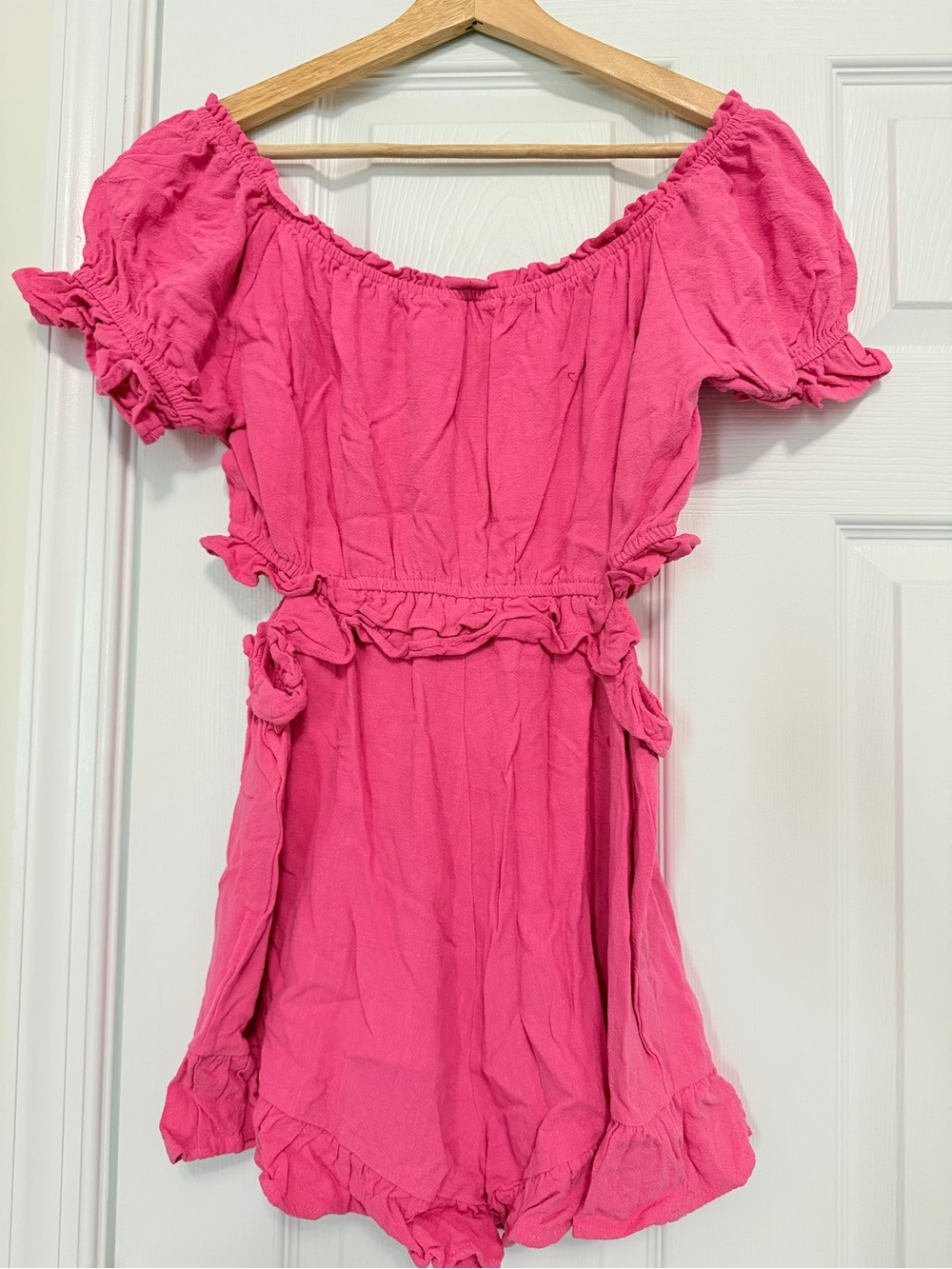 Bright Pink Off-Shoulder Ruffle Romper - Picture 5 of 5